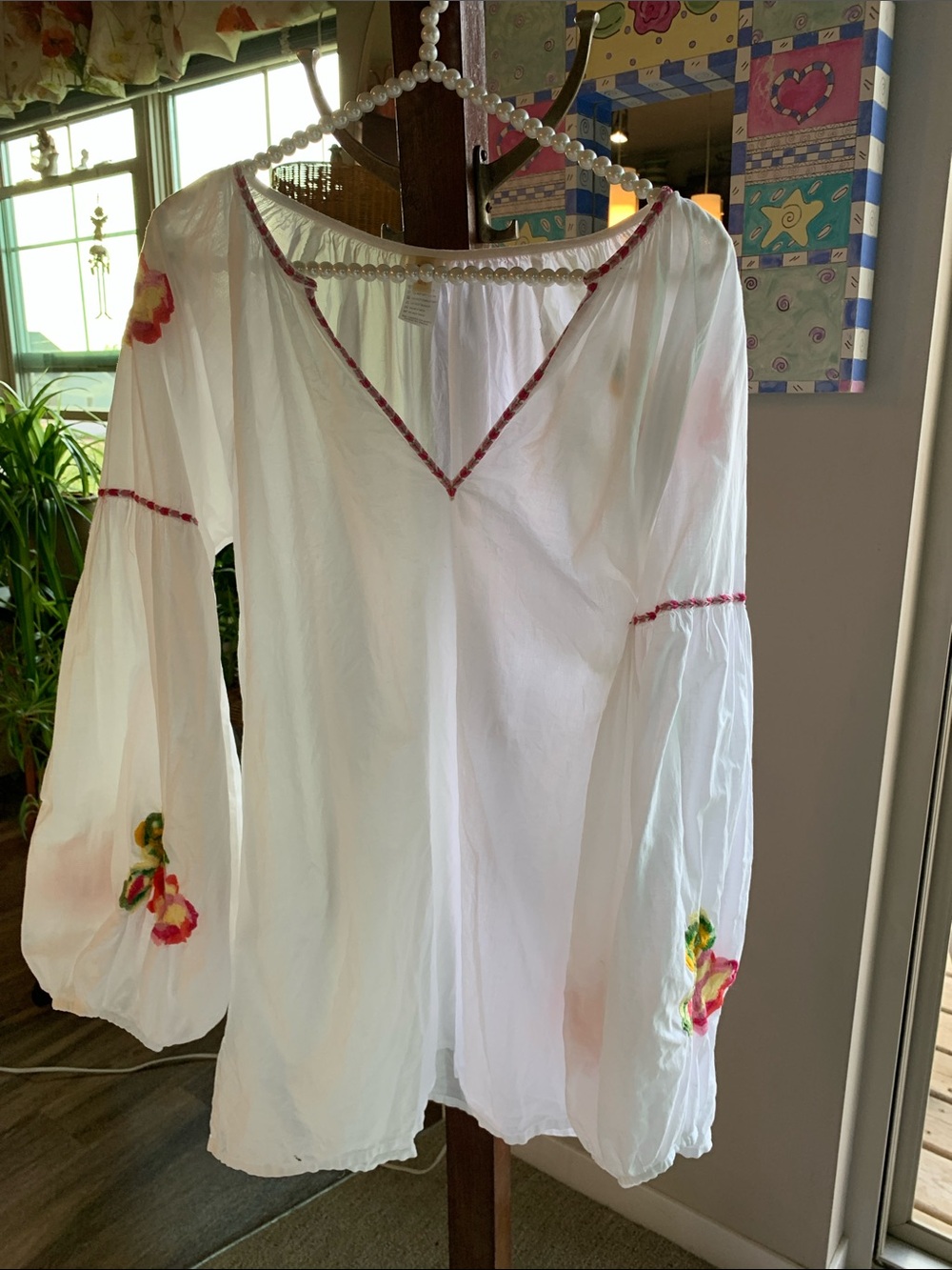 Pilyq Breezy Bohemian Pool Beach Tunic Pink Yellow Floral Embroidery Size M/L